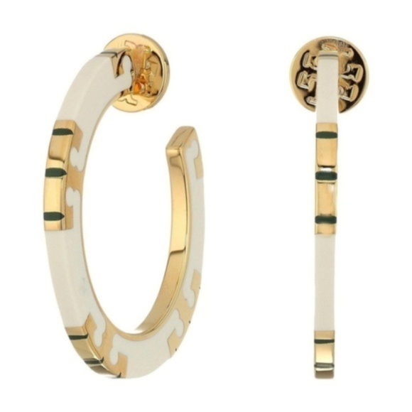 Tory Burch Jewelry - TORY BURCH T-STRIPE IVORY GOLD HOOP EARRINGS